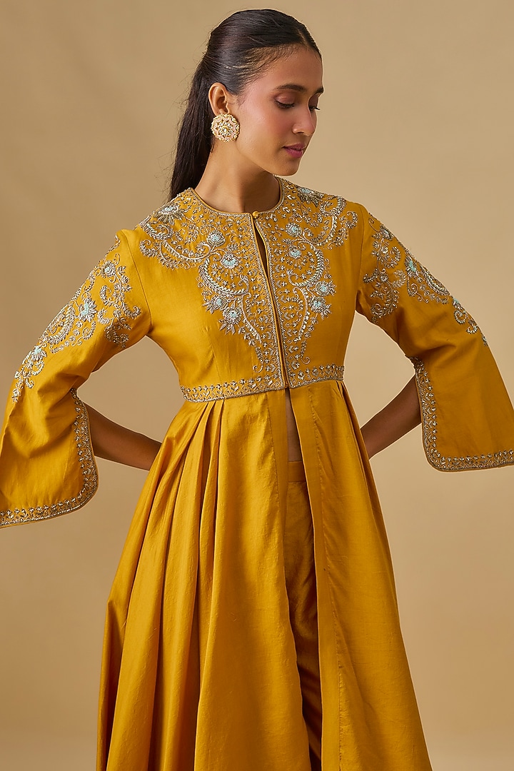 Mango Yellow Silk Zardosi Embroidered Wedding Anarkali Set by Jayanti Reddy at Pernia's Pop Up Shop