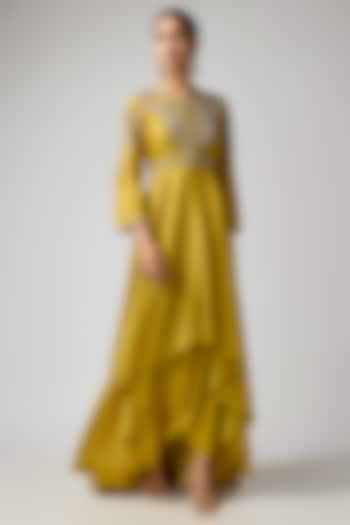 Mustard Silk Zardosi Embroidered Wedding Anarkali Set by Jayanti Reddy at Pernia's Pop Up Shop