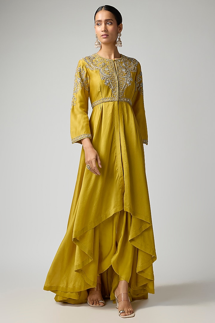 Mustard Silk Zardosi Embroidered Wedding Anarkali Set by Jayanti Reddy at Pernia's Pop Up Shop