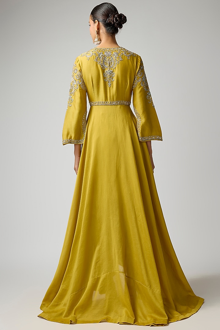 Mustard Silk Zardosi Embroidered Wedding Anarkali Set by Jayanti Reddy at Pernia's Pop Up Shop