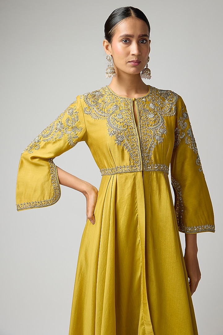 Mustard Silk Zardosi Embroidered Wedding Anarkali Set by Jayanti Reddy at Pernia's Pop Up Shop