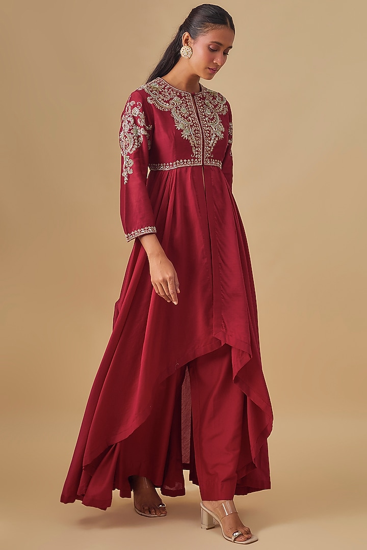 Red Silk Zardosi Embroidered Wedding Anarkali Set by Jayanti Reddy at Pernia's Pop Up Shop