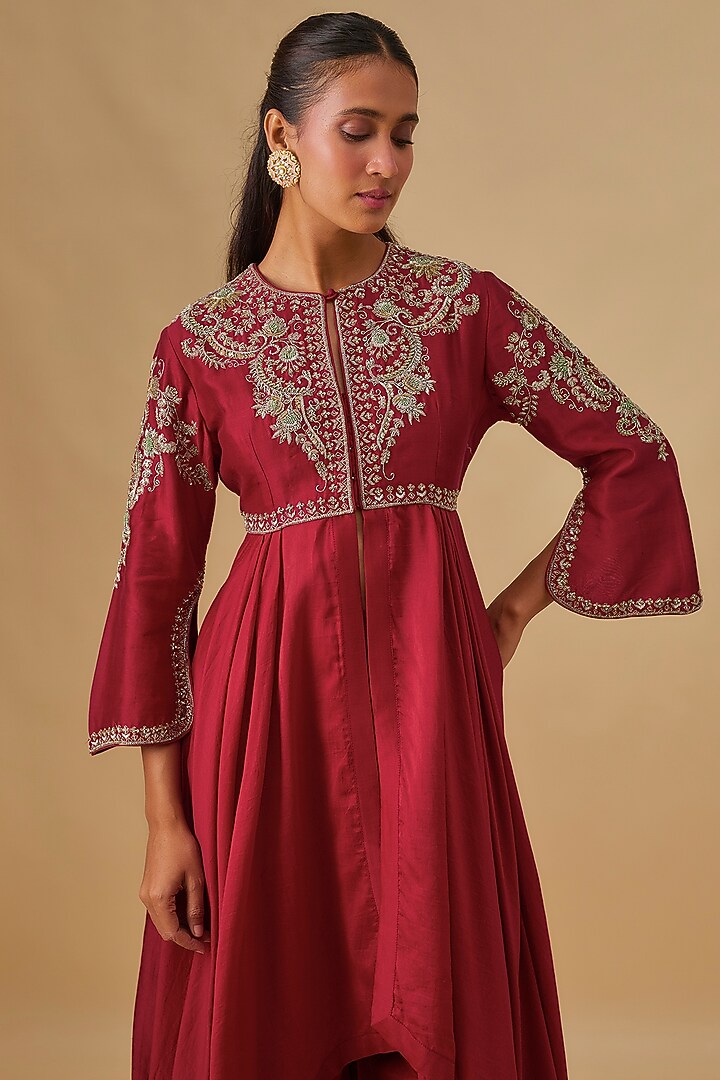 Red Silk Zardosi Embroidered Wedding Anarkali Set by Jayanti Reddy at Pernia's Pop Up Shop