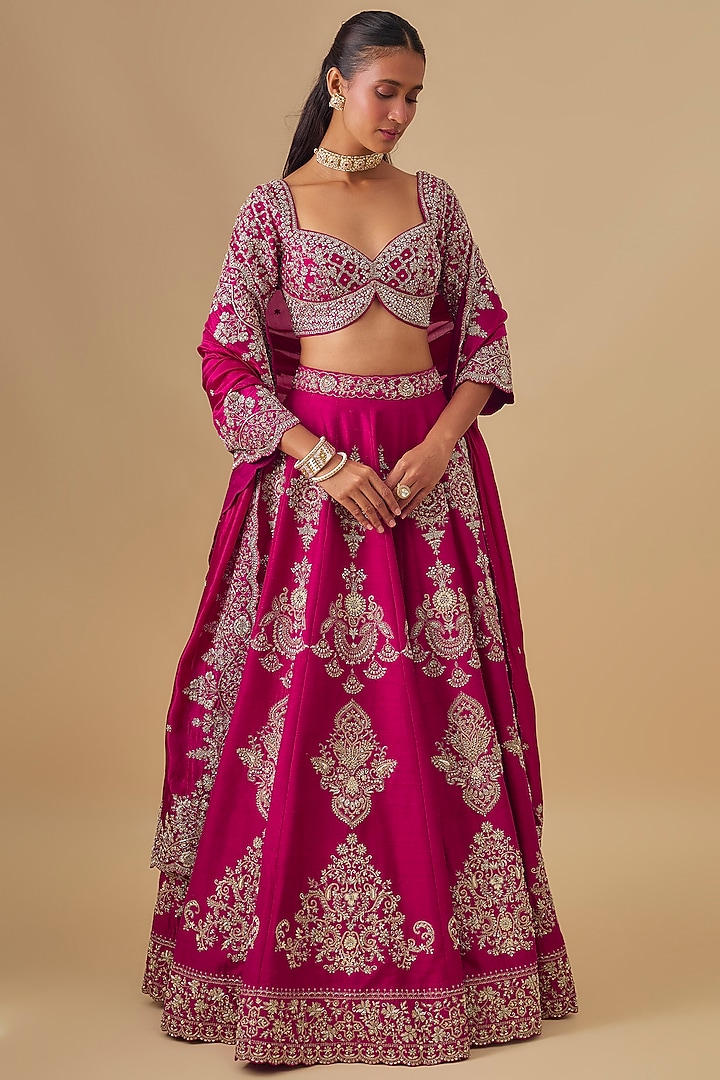 Pink Raw Silk Zardosi Embroidered Bridal Lehenga Set by Jayanti Reddy at Pernia's Pop Up Shop