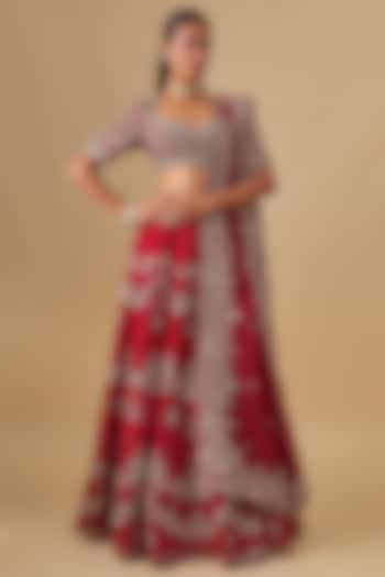 Red Raw Silk Zardosi Embroidered Bridal Lehenga Set by Jayanti Reddy at Pernia's Pop Up Shop