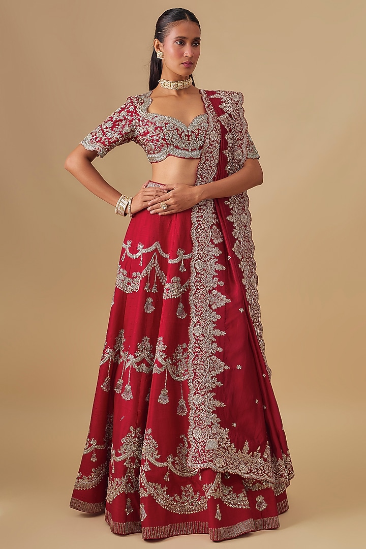 Red Raw Silk Zardosi Embroidered Bridal Lehenga Set by Jayanti Reddy at Pernia's Pop Up Shop