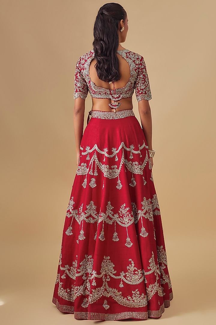 Red Raw Silk Zardosi Embroidered Bridal Lehenga Set by Jayanti Reddy at Pernia's Pop Up Shop