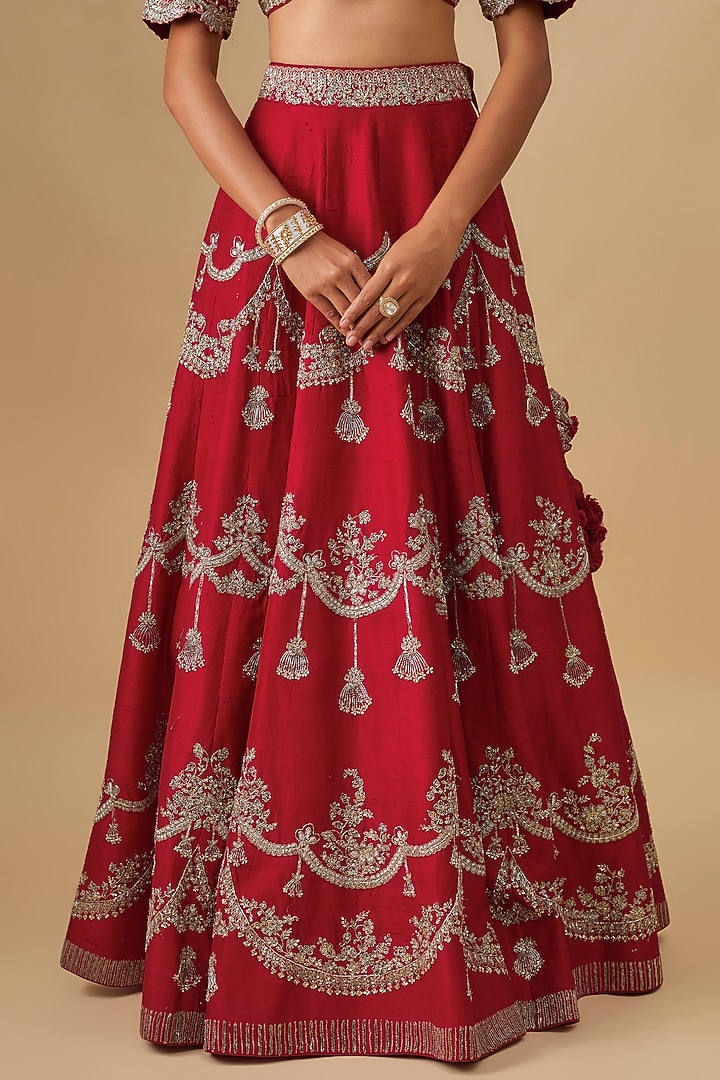 Red Raw Silk Zardosi Embroidered Bridal Lehenga Set by Jayanti Reddy at Pernia's Pop Up Shop