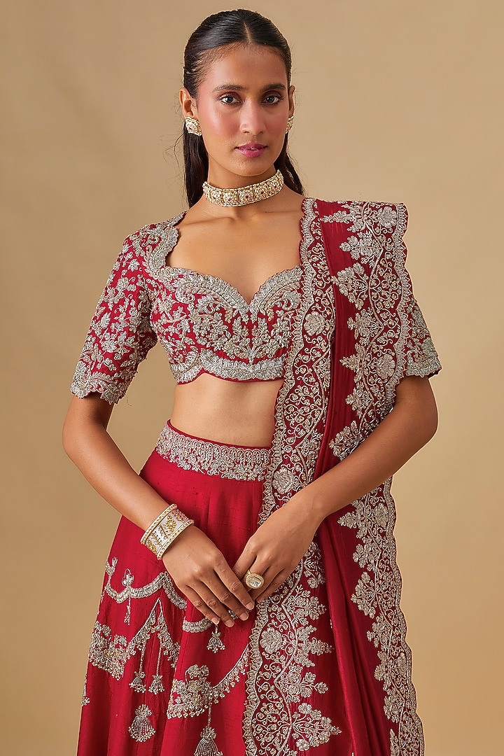 Red Raw Silk Zardosi Embroidered Bridal Lehenga Set by Jayanti Reddy at Pernia's Pop Up Shop