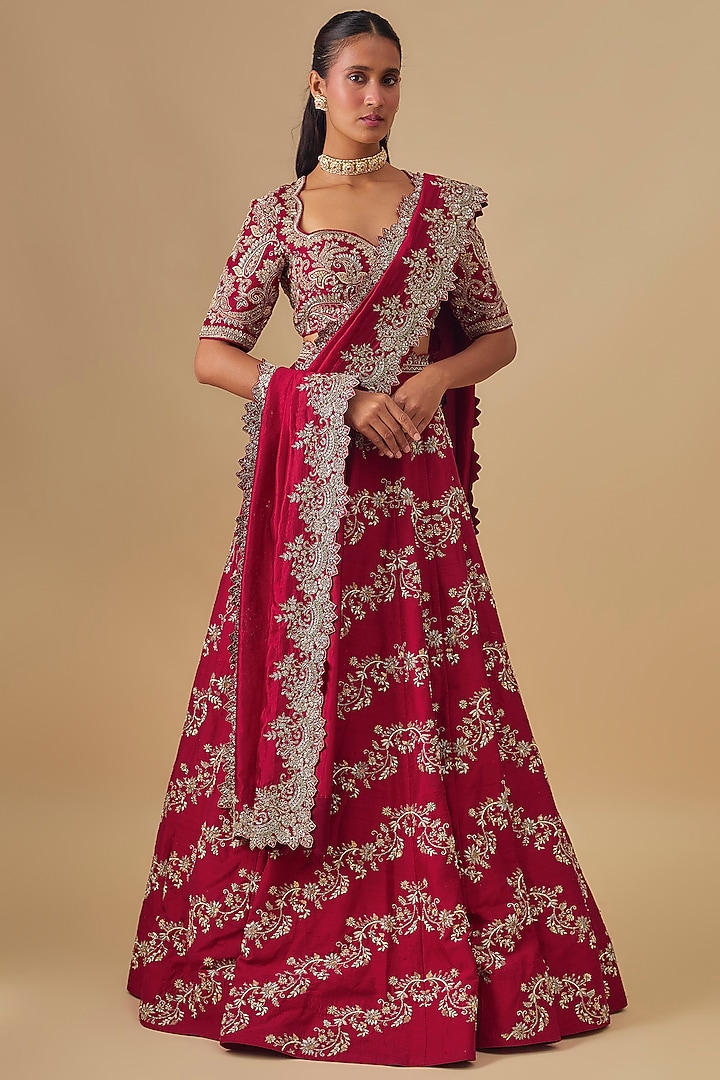 Red Raw Silk Zardosi Embroidered Bridal lehenga for 22 Lehenga Set by Jayanti Reddy at Pernia's Pop Up Shop