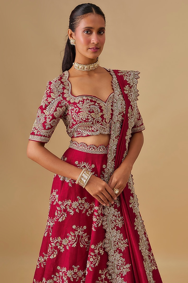 Red Raw Silk Zardosi Embroidered Bridal Lehenga Set by Jayanti Reddy at Pernia's Pop Up Shop