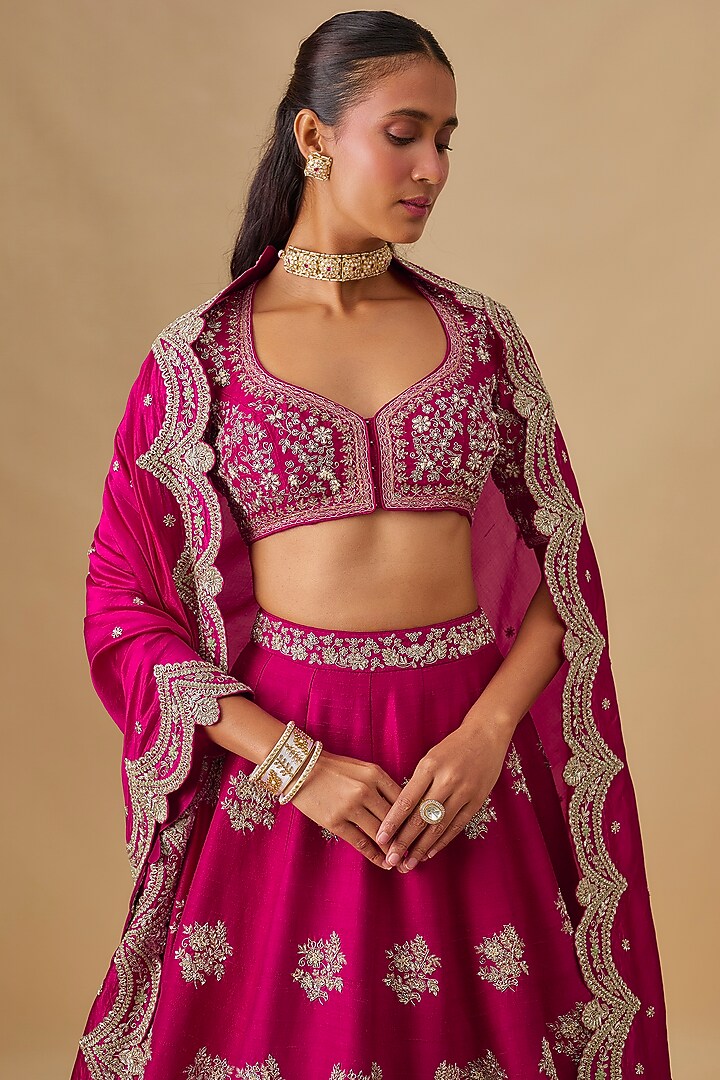 Pink Raw Silk Zardosi Embroidered Bridal Lehenga Set by Jayanti Reddy at Pernia's Pop Up Shop