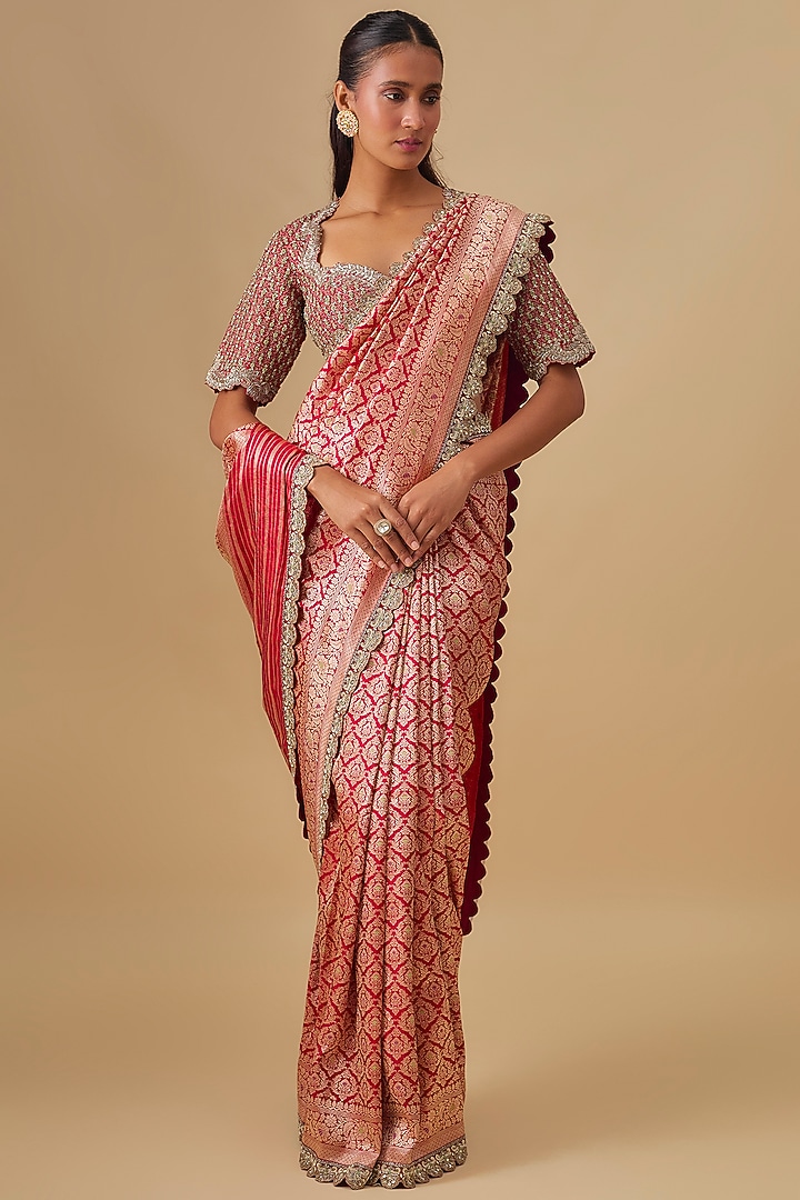 Red Banarasi Silk Zardosi Embroidered Bridal Saree Set by Jayanti Reddy at Pernia's Pop Up Shop
