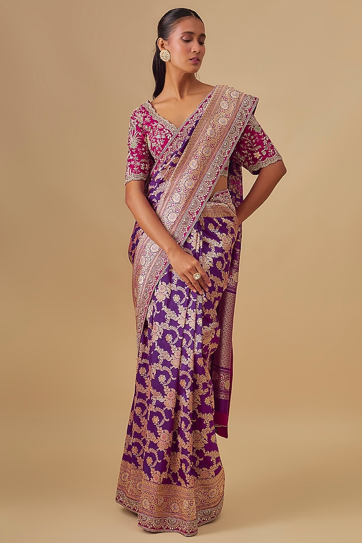 Purple Banarasi Silk Zardosi Embroidered Bridal Saree Set by Jayanti Reddy at Pernia's Pop Up Shop