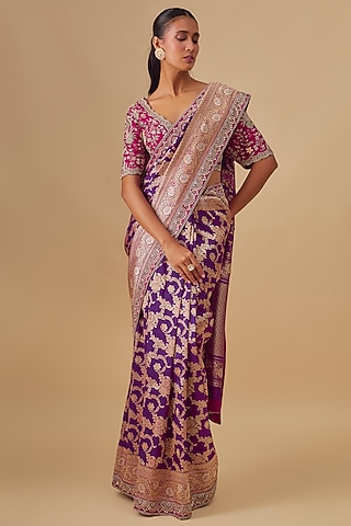 Purple Banarasi Silk Zardosi Embroidered Saree Set by Jayanti Reddy