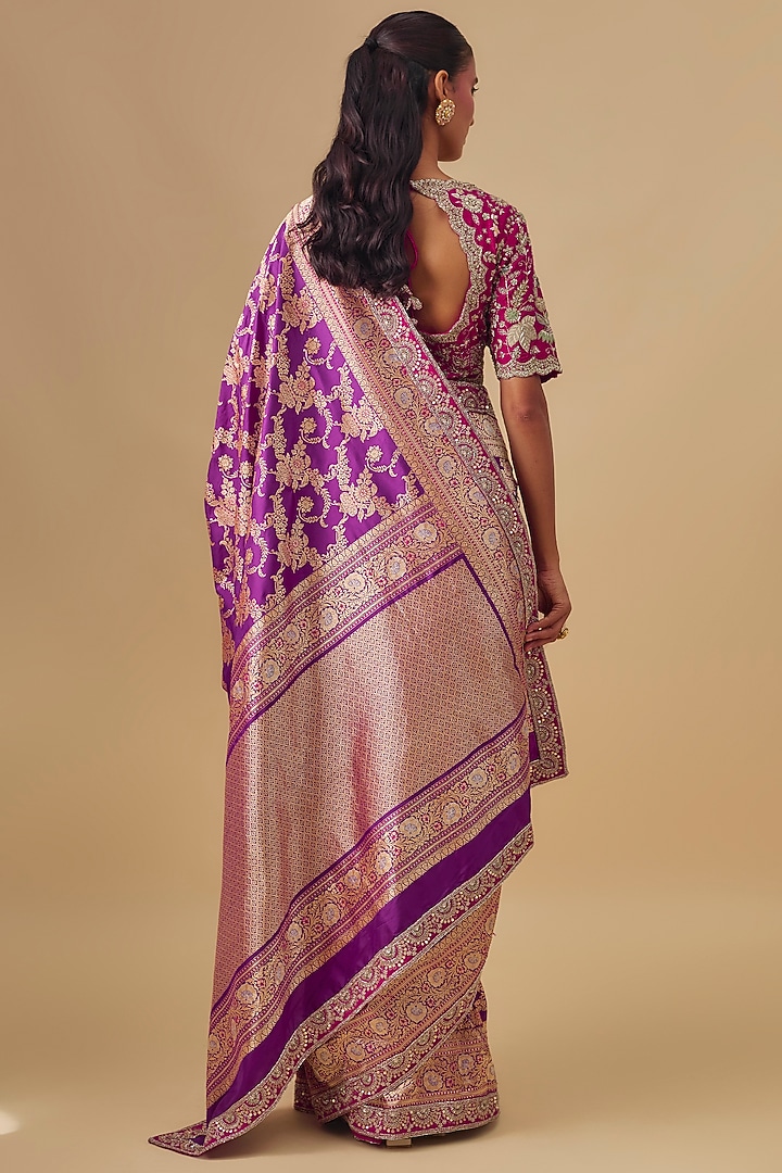 Purple Banarasi Silk Zardosi Embroidered Bridal Saree Set by Jayanti Reddy at Pernia's Pop Up Shop