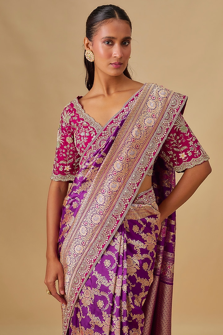 Purple Banarasi Silk Zardosi Embroidered Bridal Saree Set by Jayanti Reddy at Pernia's Pop Up Shop