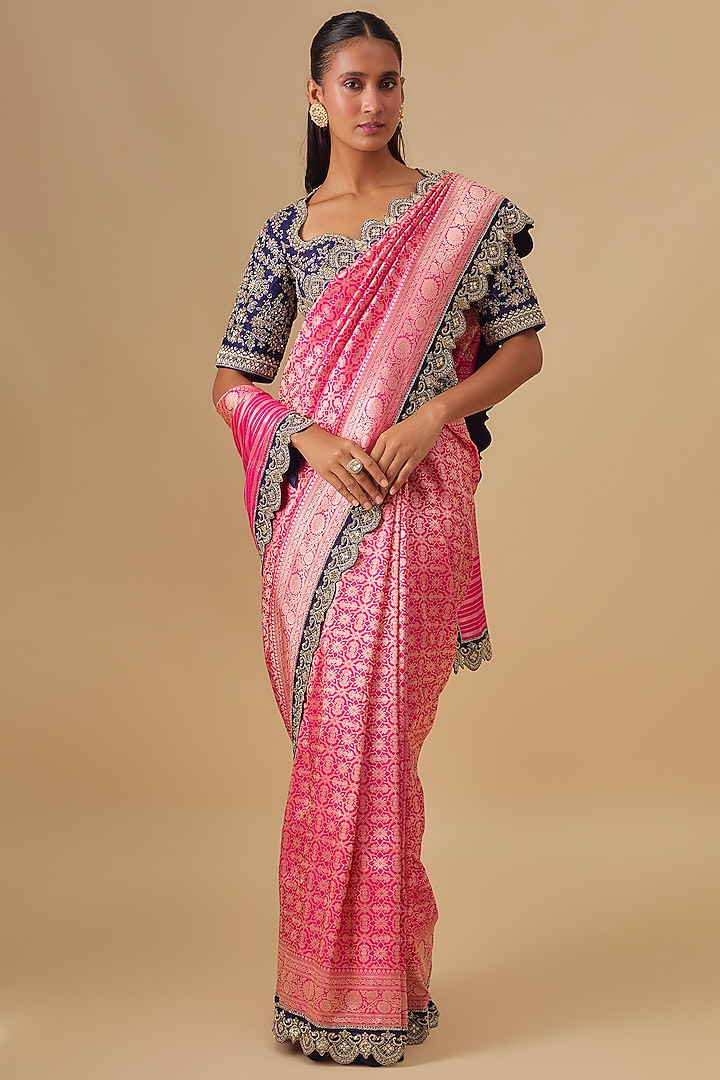 Pink Banarasi Silk Zardosi Embroidered Bridal Saree Set by Jayanti Reddy at Pernia's Pop Up Shop