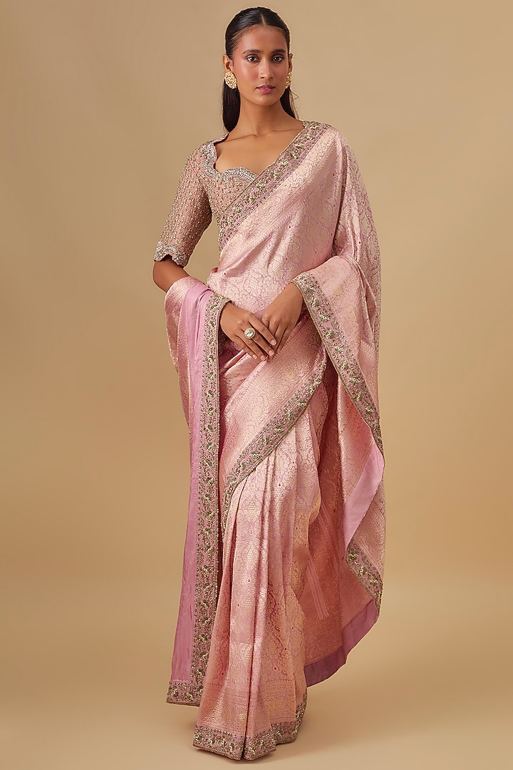 Pink Banarasi Silk Zardosi Embroidered Bridal Saree Set by Jayanti Reddy at Pernia's Pop Up Shop