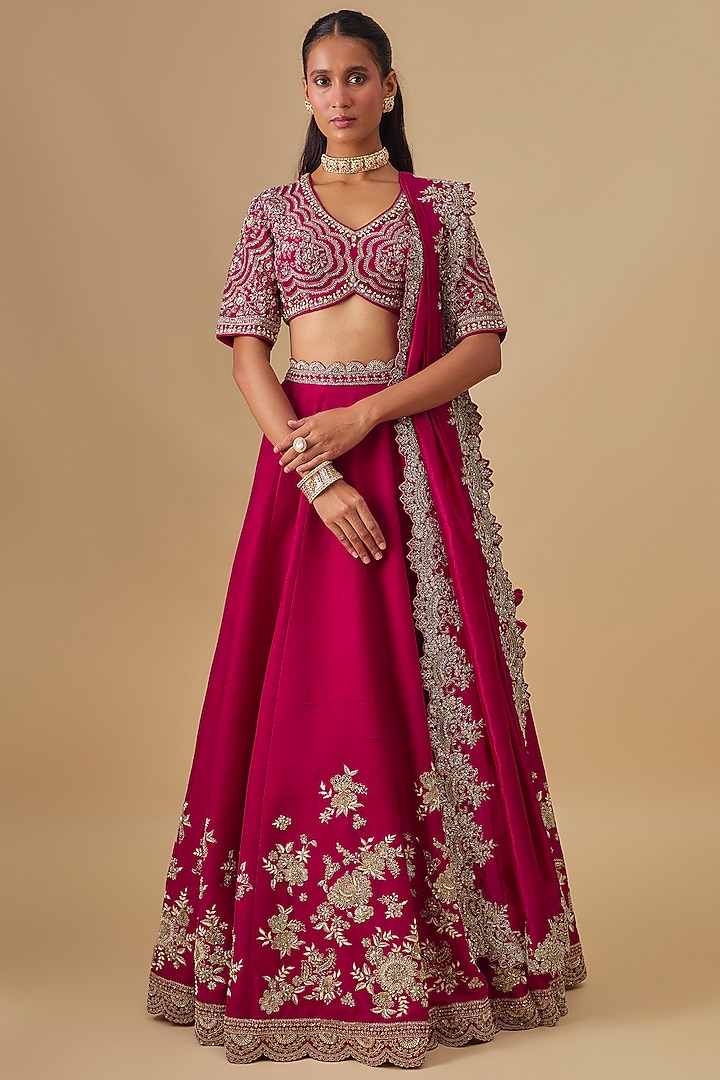 Pink Raw Silk Zardosi Embroidered Bridal Lehenga Set by Jayanti Reddy at Pernia's Pop Up Shop