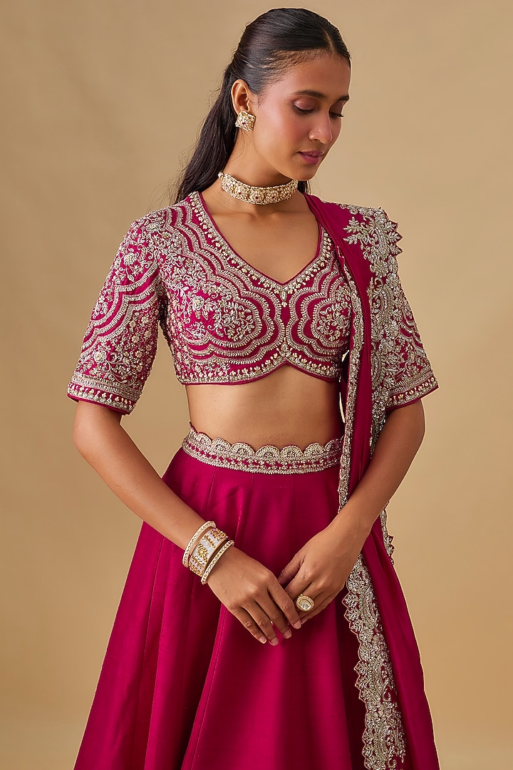 Pink Raw Silk Zardosi Embroidered Bridal Lehenga Set by Jayanti Reddy at Pernia's Pop Up Shop
