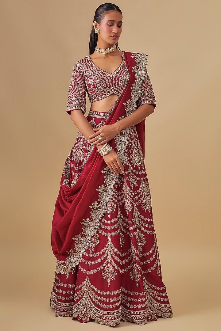 Red Raw Silk Zardosi Embroidered Bridal lehenga for 22 Lehenga Set by Jayanti Reddy at Pernia's Pop Up Shop