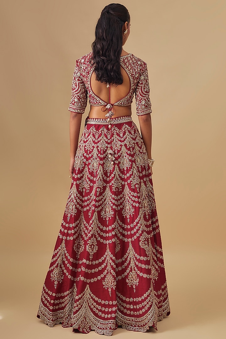 Red Raw Silk Zardosi Embroidered Bridal Lehenga Set by Jayanti Reddy at Pernia's Pop Up Shop