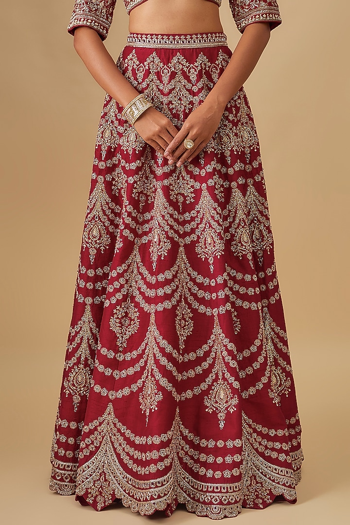 Red Raw Silk Zardosi Embroidered Bridal Lehenga Set by Jayanti Reddy at Pernia's Pop Up Shop