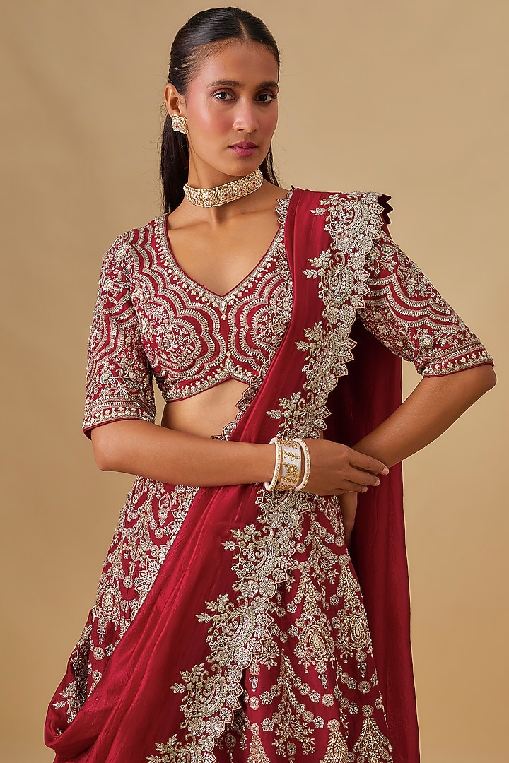 Red Raw Silk Zardosi Embroidered Bridal Lehenga Set by Jayanti Reddy at Pernia's Pop Up Shop