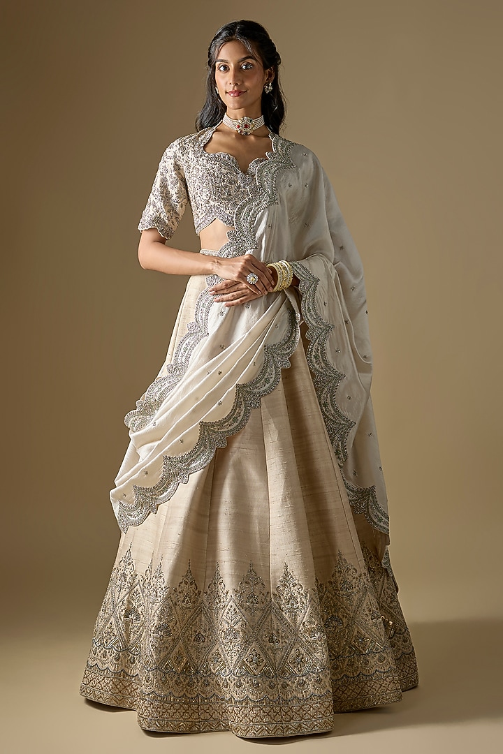 Beige Raw Silk Zardosi Embroidered Bridal Lehenga Set by Jayanti Reddy at Pernia's Pop Up Shop