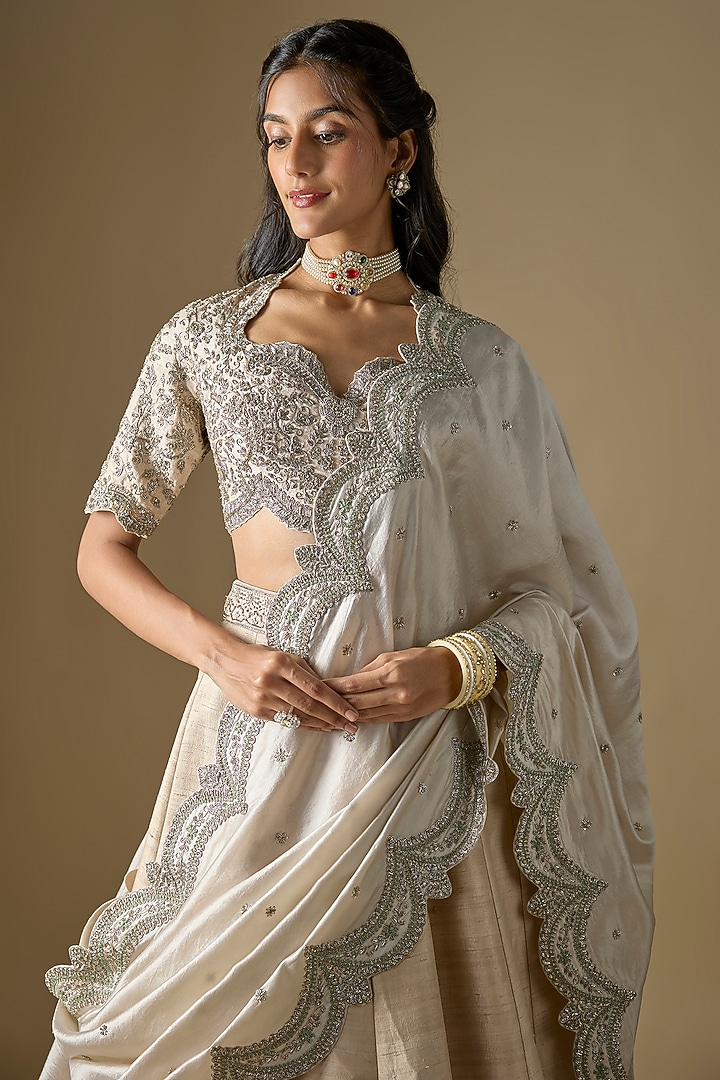 Beige Raw Silk Zardosi Embroidered Bridal Lehenga Set by Jayanti Reddy at Pernia's Pop Up Shop