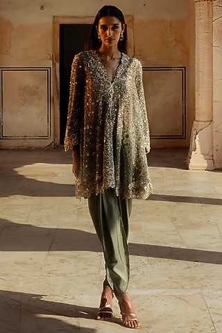 Mint Green Net Sequin Embroidered Kurta Set by Jayanti Reddy