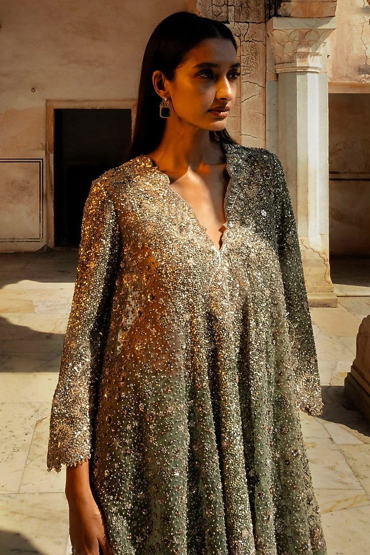 Mint Green Net Sequin Embroidered Kurta Set by Jayanti Reddy at Pernia's Pop Up Shop