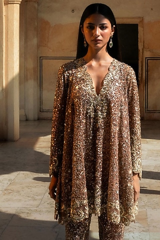 Peach Net Sequin Embroidered Kurta Set by Jayanti Reddy
