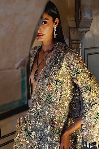 Golden Beige Organza Zardosi Embroidered Kaftan Set by Jayanti Reddy