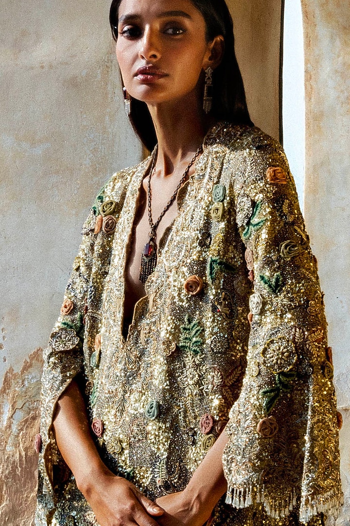 Golden Beige Organza Zardosi Embroidered Kaftan Set by Jayanti Reddy at Pernia's Pop Up Shop