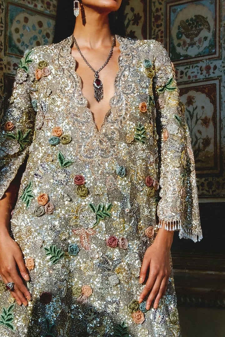 Golden Beige Organza Zardosi Embroidered Kaftan Set by Jayanti Reddy at Pernia's Pop Up Shop