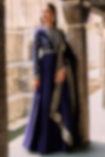 Purple Raw Silk Zardosi Embroidered Bridal Anarkali Set by Jayanti Reddy at Pernia's Pop Up Shop