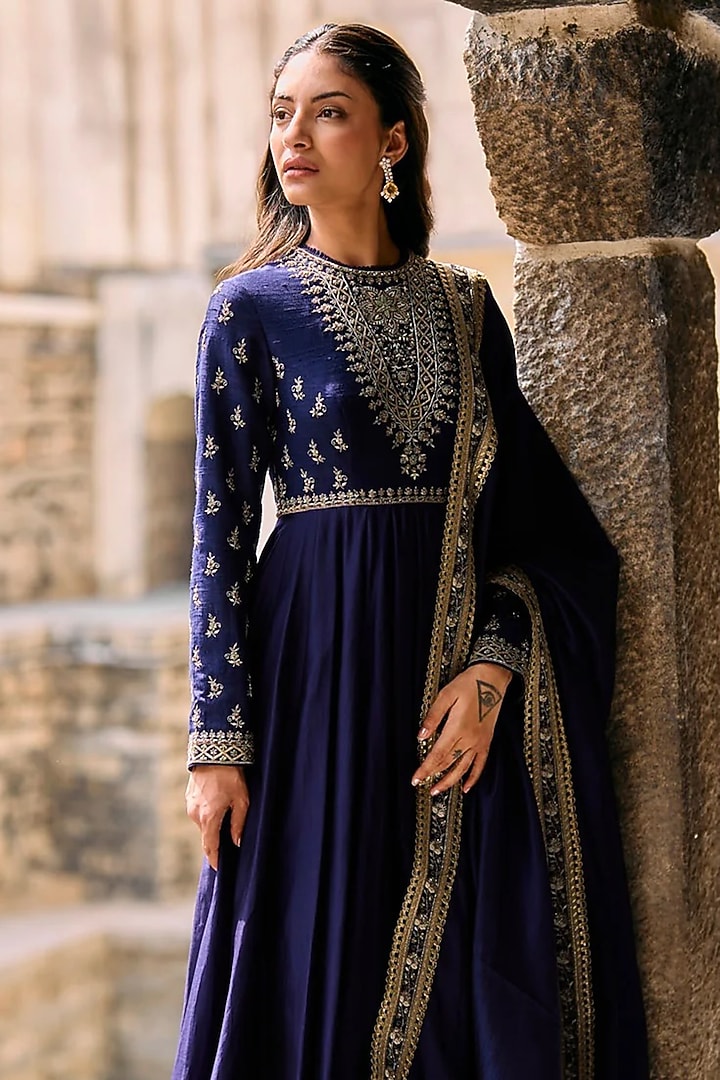 Purple Raw Silk Zardosi Embroidered Bridal Anarkali Set by Jayanti Reddy at Pernia's Pop Up Shop
