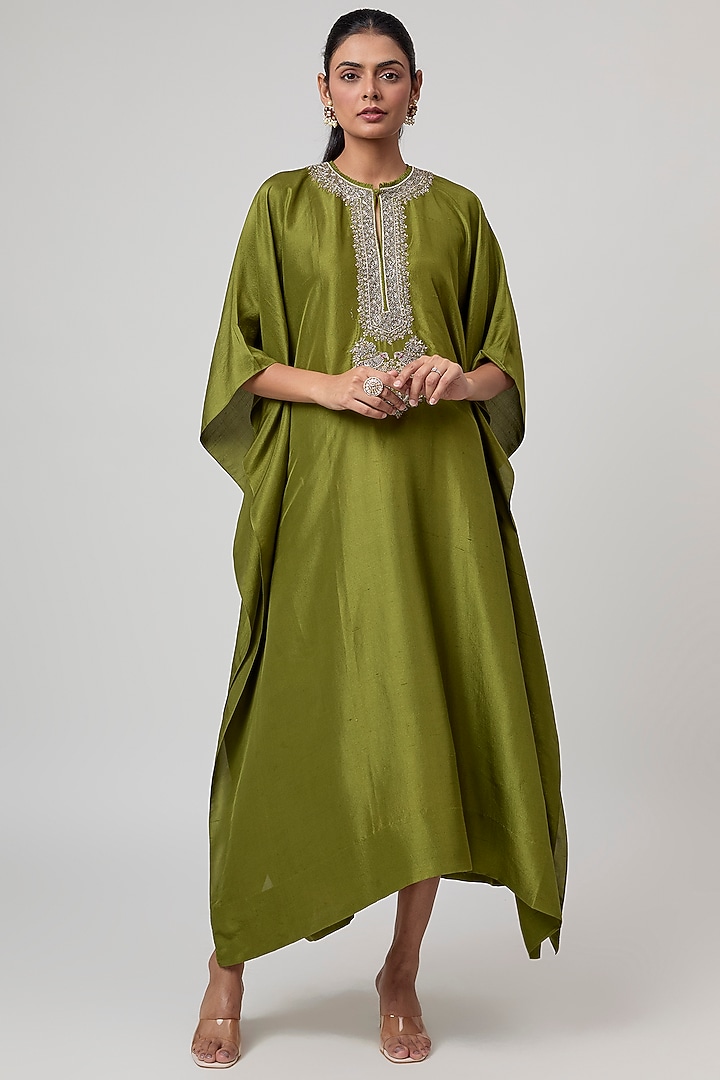 Olive Green Silk Zardosi Work Kaftan by Jayanti Reddy at Pernia's Pop Up Shop