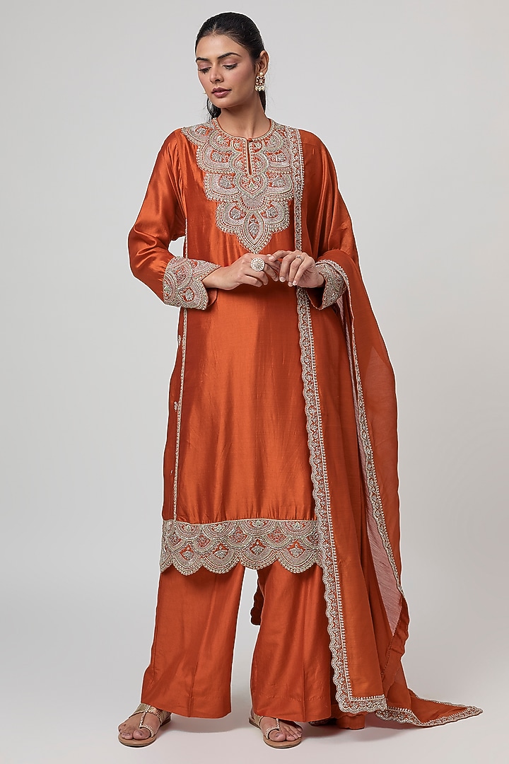 Orange Silk Zardosi Work Kurta Set by Jayanti Reddy at Pernia's Pop Up Shop