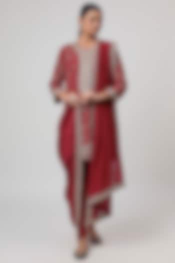 Red Silk Zardosi Work Kurta Set by Jayanti Reddy at Pernia's Pop Up Shop