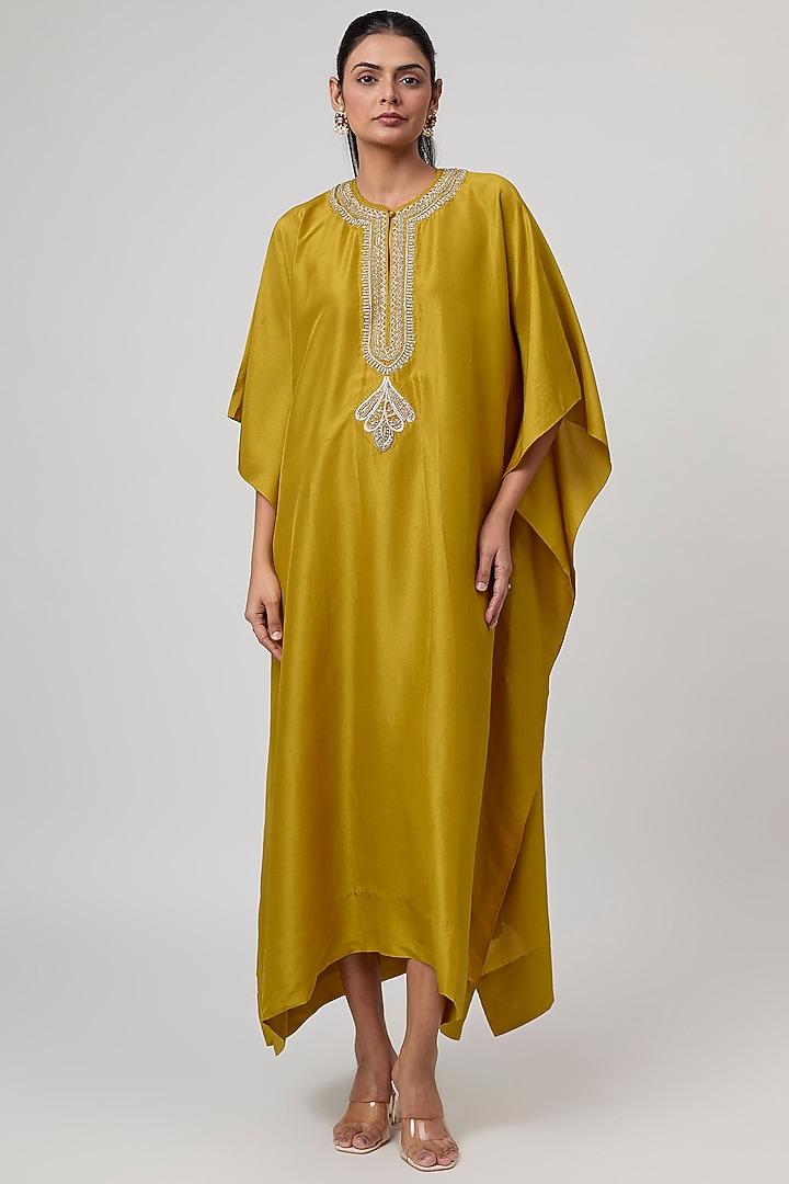 Golden Yellow Silk Zardosi Work Kaftan by Jayanti Reddy at Pernia's Pop Up Shop