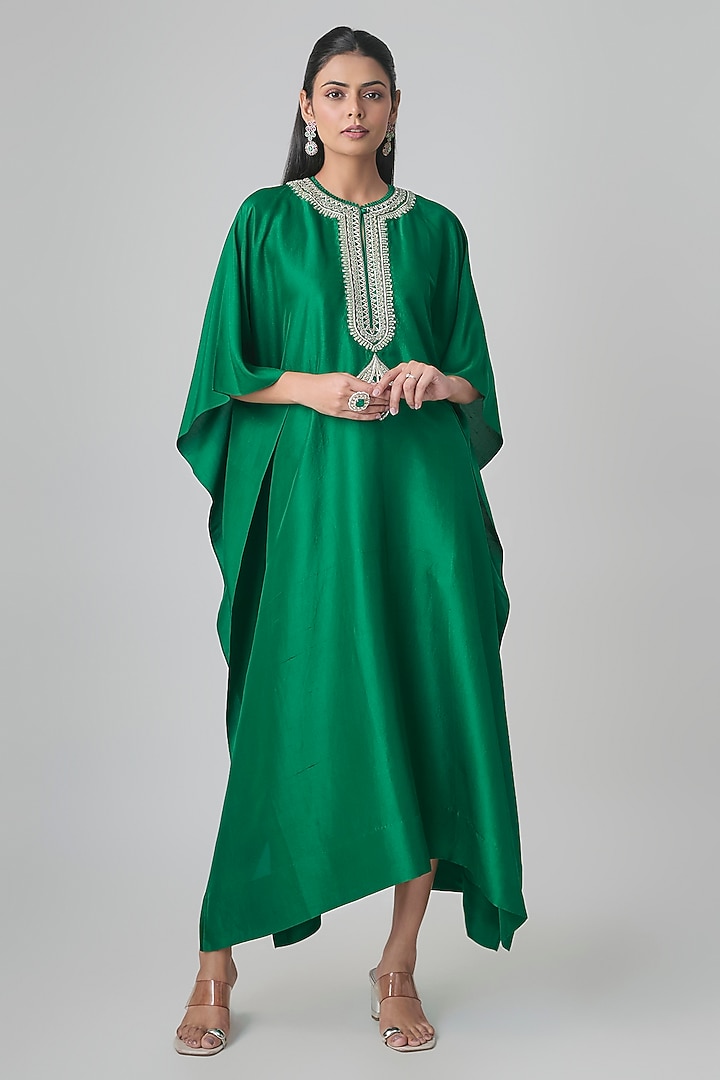 Bottle Green Silk Kaftan by Jayanti Reddy at Pernia's Pop Up Shop