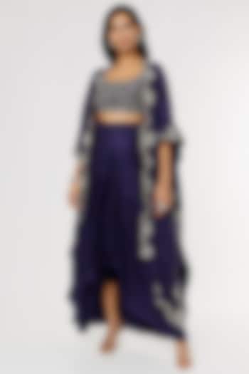 Purple Silk Cowl Skirt Set With Cape by Jayanti Reddy
