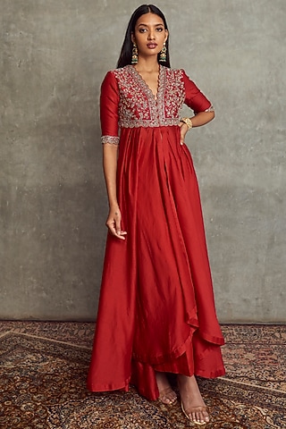 Red Silk Embroidered Anarkali Set by Jayanti Reddy