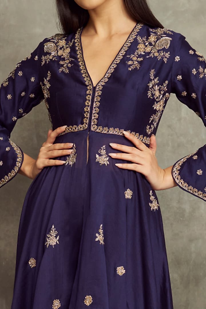 Purple Silk Embroidered Wedding Anarkali Set by Jayanti Reddy at Pernia's Pop Up Shop