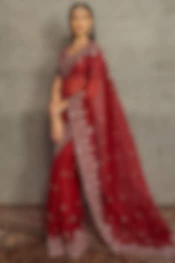 Red Organza Embroidered Saree Set by Jayanti Reddy