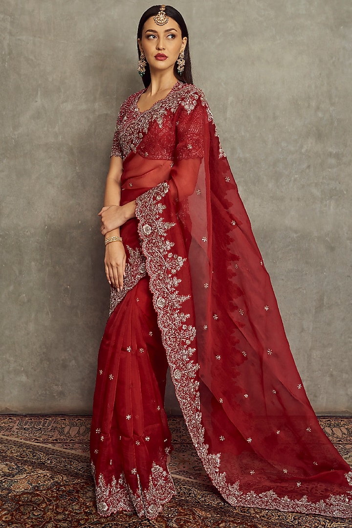 Red Organza Embroidered Saree Set by Jayanti Reddy