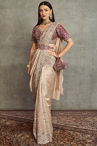 Beige Embroidered Saree Set by Jayanti Reddy